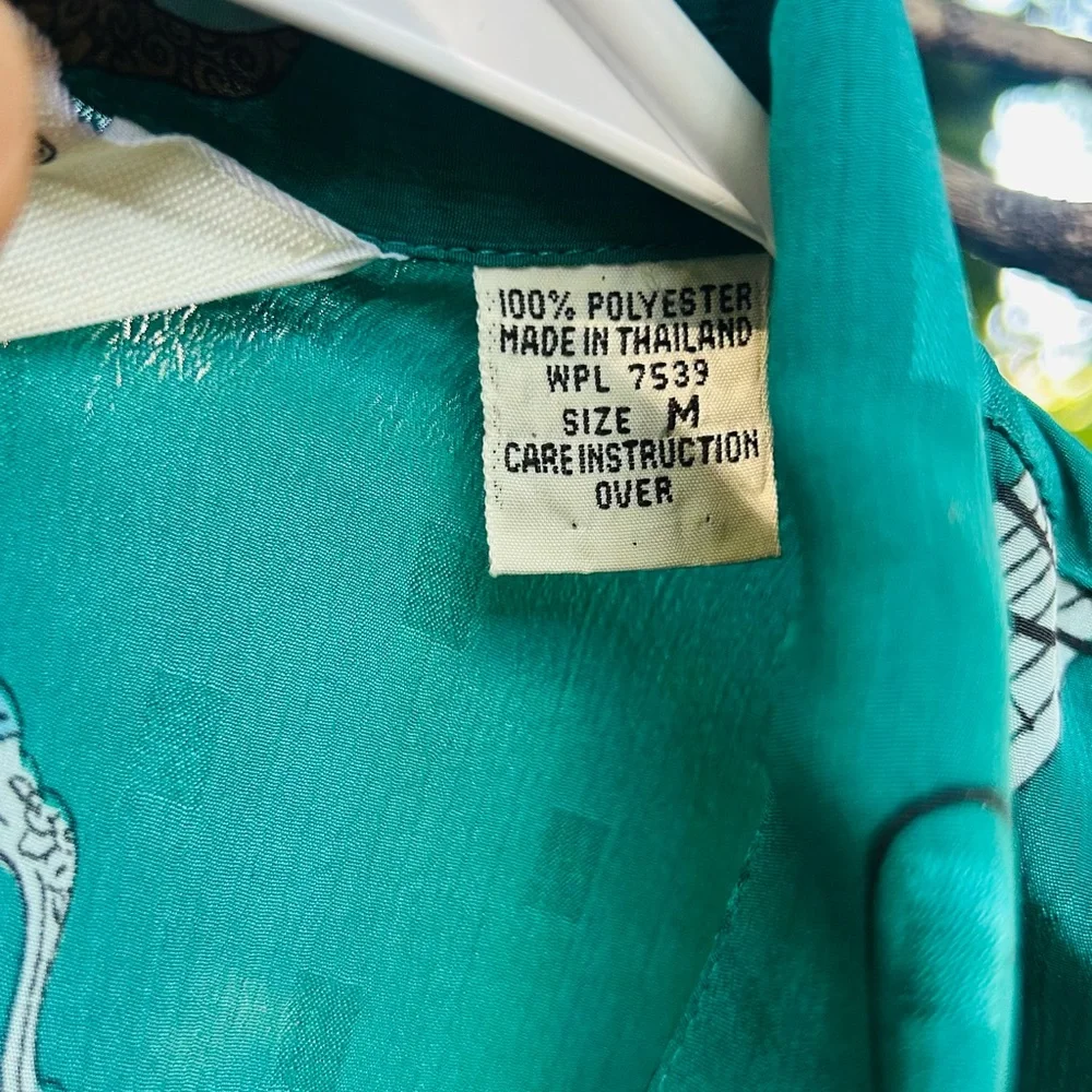 VINTAGE 80s Diane Von Furstenberg DVF Piano Player Art Deco Blouse Teal M - Picture 3 of 7